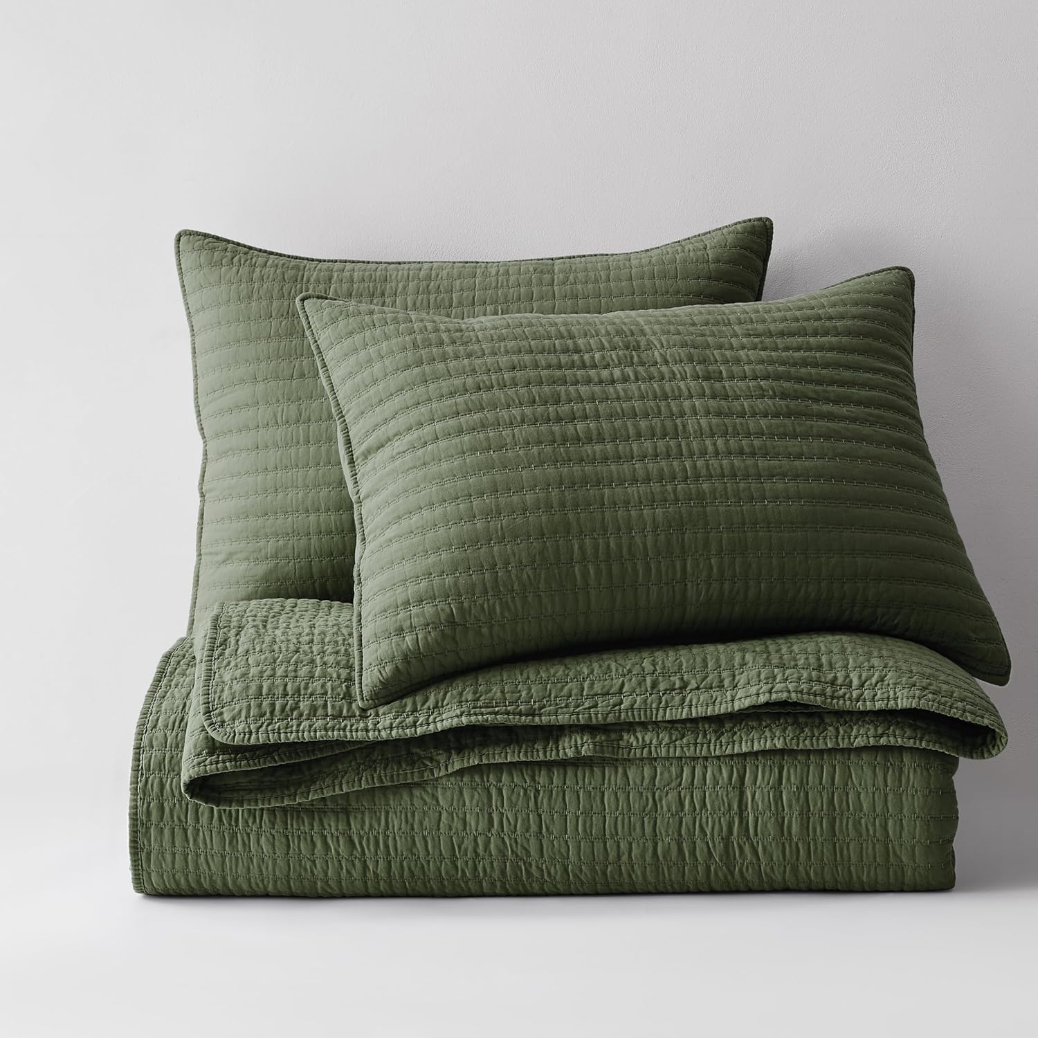 WDCOZY 100% Cotton King Size Quilt Set - Olive Green Striped Pick Stitch Soft Lightweight Bedspread, Textured Like Linen, Farmhouse Country Rustic Coverlet, Shabby Chic Gauze Bedding, 3 Pieces